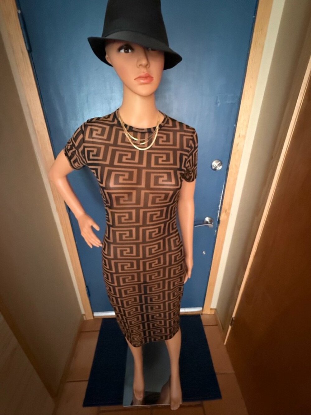 🤎🖤 Fashion Nova Greek Key Mesh Bodycon Midi Dress | Black & Camel-SM